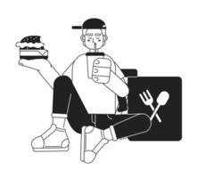 Food delivery teen worker eating cheeseburger, drinking monochromatic flat vector character. Editable thin line full body person on white. Bw cartoon spot image for web graphic design, animation