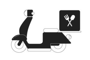 Moped with food delivery bag monochromatic flat vector object. Commercial transport. Scooter with box. Editable thin line icon on white. Simple bw cartoon spot image for web graphic design, animation