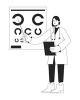 Female ophthalmologist with eye chart flat line black white vector character. Editable isolated outline full body person. Simple cartoon style spot illustration for web graphic design, animation