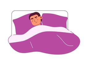 Young man sleeping in bed with comfort semi flat colorful vector character. Good night. Editable half body person on white. Simple cartoon spot illustration for web graphic design and animation