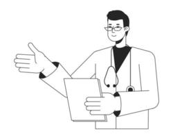 Male doctor with medical clipboard flat line black white vector character. Editable isolated outline half body person. MD simple cartoon style spot illustration for web graphic design, animation