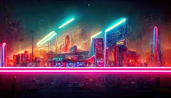 Exceptional Glowing neon infrastructure in futuristic synthwave city. photo