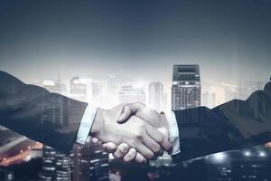 Double exposure of Business agreement handshake hand gesture with night view city building landscape background. photo