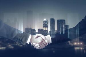 Double exposure of Business agreement handshake hand gesture with night view city building landscape background. photo