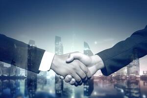 Double exposure of Business agreement handshake hand gesture with night view city building landscape background. photo