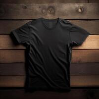 blank black t-shirt on a wooden surface, photo