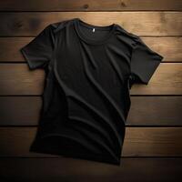 blank black t-shirt on a wooden surface, photo