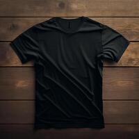 blank black t-shirt on a wooden surface, photo