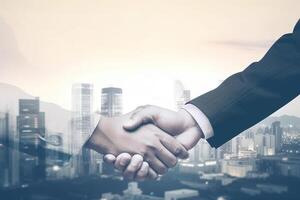 Double exposure of Business agreement handshake hand gesture with view city building landscape background. photo