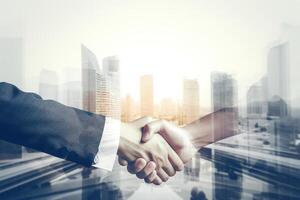 Double exposure of Business agreement handshake hand gesture with view city building landscape background. photo
