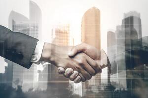 Double exposure of Business agreement handshake hand gesture with view city building landscape background. photo