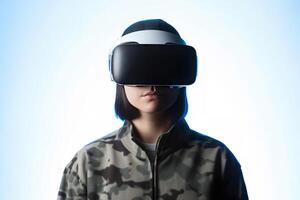 a woman wearing a virtual reality headset photo