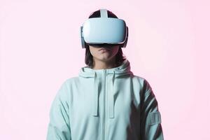 a woman wearing a virtual reality headset photo