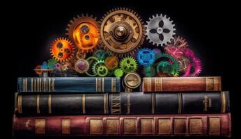 Brain with Colorful Gears and Books on Dark Background, Representing Education, Creativity, and Intellectual Growth. photo