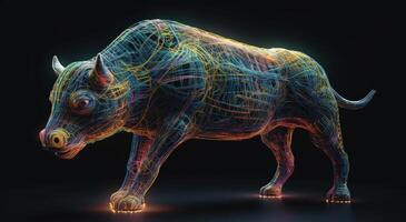 Silhouette of Bull Made of Colored Lines on Black Background, Financial Concept Representing Market Growth and Strength. photo