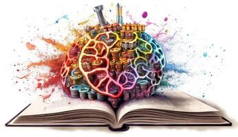 Brain with Colorful Gears and Books on white Background, Representing Education, Creativity, and Intellectual Growth. photo