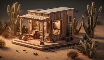 Photorealistic Fantasy House in the Desert, Equipped with Solar Panels for Sustainable Energy Solutions. photo