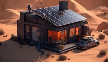 Photorealistic Fantasy House in the Desert, Equipped with Solar Panels for Sustainable Energy Solutions. photo