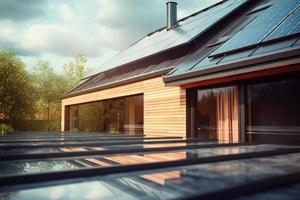 Photorealistic Solar Panels Installed on the Roof of a Modern House, Emphasizing the Use of Alternative Energy for a Sustainable Future. photo