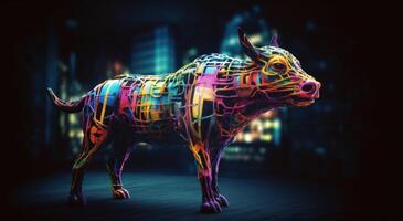 Silhouette of Bull Made of Colored Lines on Black Background, Financial Concept Representing Market Growth and Strength. photo