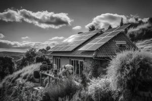 Photorealistic Solar Panels Installed on the Roof of a Modern House, Emphasizing the Use of Alternative Energy for a Sustainable Future. photo