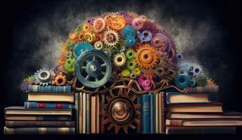 Brain with Colorful Gears and Books on Dark Background, Representing Education, Creativity, and Intellectual Growth. photo