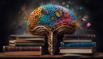 cerebro con vistoso engranajes y libros en oscuro fondo, representando educación, creatividad, y intelectual crecimiento. generativo ai foto