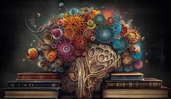 Brain with Colorful Gears and Books on Dark Background, Representing Education, Creativity, and Intellectual Growth. photo