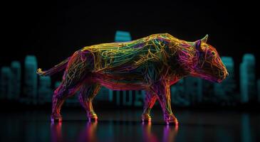 Silhouette of Bull Made of Colored Lines on Black Background, Financial Concept Representing Market Growth and Strength. photo