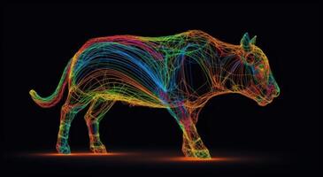 Silhouette of Bull Made of Colored Lines on Black Background, Financial Concept Representing Market Growth and Strength. photo