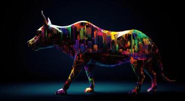 Silhouette of Bull Made of Colored Lines on Black Background, Financial Concept Representing Market Growth and Strength. photo