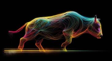 Silhouette of Bull Made of Colored Lines on Black Background, Financial Concept Representing Market Growth and Strength. photo