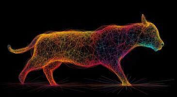 Silhouette of Bull Made of Colored Lines on Black Background, Financial Concept Representing Market Growth and Strength. photo