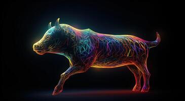 Silhouette of Bull Made of Colored Lines on Black Background, Financial Concept Representing Market Growth and Strength. photo