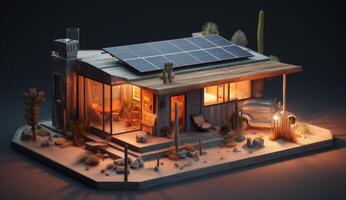 Photorealistic Fantasy House in the Desert, Equipped with Solar Panels for Sustainable Energy Solutions. photo