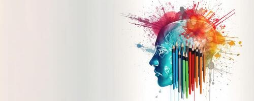 Human Head with Pencils and Colorful Paint Splashes on White Background, Symbolizing Education, Creativity, and Artistic Expression. photo
