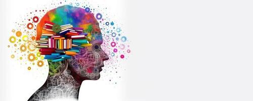 Human Head with Pencils and Colorful Paint Splashes on White Background, Symbolizing Education, Creativity, and Artistic Expression. photo