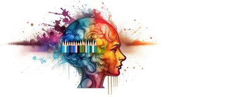 Human Head with Pencils and Colorful Paint Splashes on White Background, Symbolizing Education, Creativity, and Artistic Expression. photo