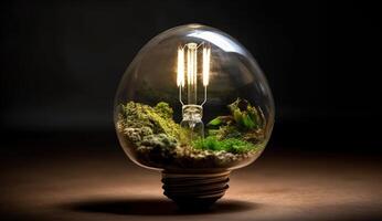 Glowing Incandescent Light Bulb with Green Plant Inside, Symbolizing Eco Friendly Innovation and Energy Conservation. photo