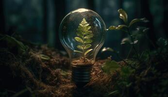 Glowing Incandescent Light Bulb with Green Plant Inside, Symbolizing Eco Friendly Innovation and Energy Conservation. photo