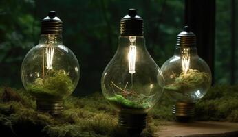 Glowing Incandescent Light Bulb with Green Plant Inside, Symbolizing Eco Friendly Innovation and Energy Conservation. photo