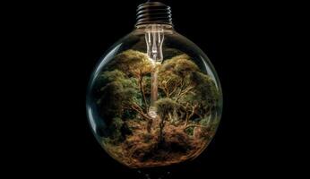 brillante incandescente ligero bulbo con verde planta adentro, simbolizando eco simpático innovación y energía conservación. generativo ai foto
