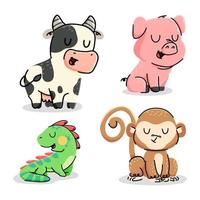 Set of cute cartoon animals vector illustration. Cow, Pig, Iguana, Monkey