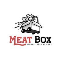 carne y salchicha en el caja con ruedas para carne y comida entrega logo diseño vector