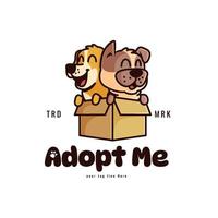 Two cute dogs in a box with a hug silhouette on the box for an animal adoption logo business vector