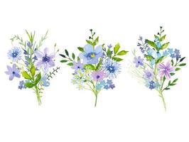 Set of bouquets with meadow  blue and purple flowers and leaves. Watercolor vector