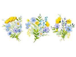 Set of bouquets with meadow yellow , blue flowers and leaves. Watercolor vector