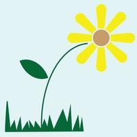 A sunflower with sky, one leaf and grass, yellow and green and blue colors, sunflower icon and sign, spring and summer banner and postcard, suitable for social media and print, minimal style drawing vector