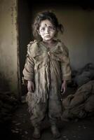 homeless children of war victims, small children with sad expressions, photo