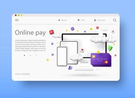 Online payments concept, vector 3d illustration. Purchasing application products and services over the Internet. Online banking.